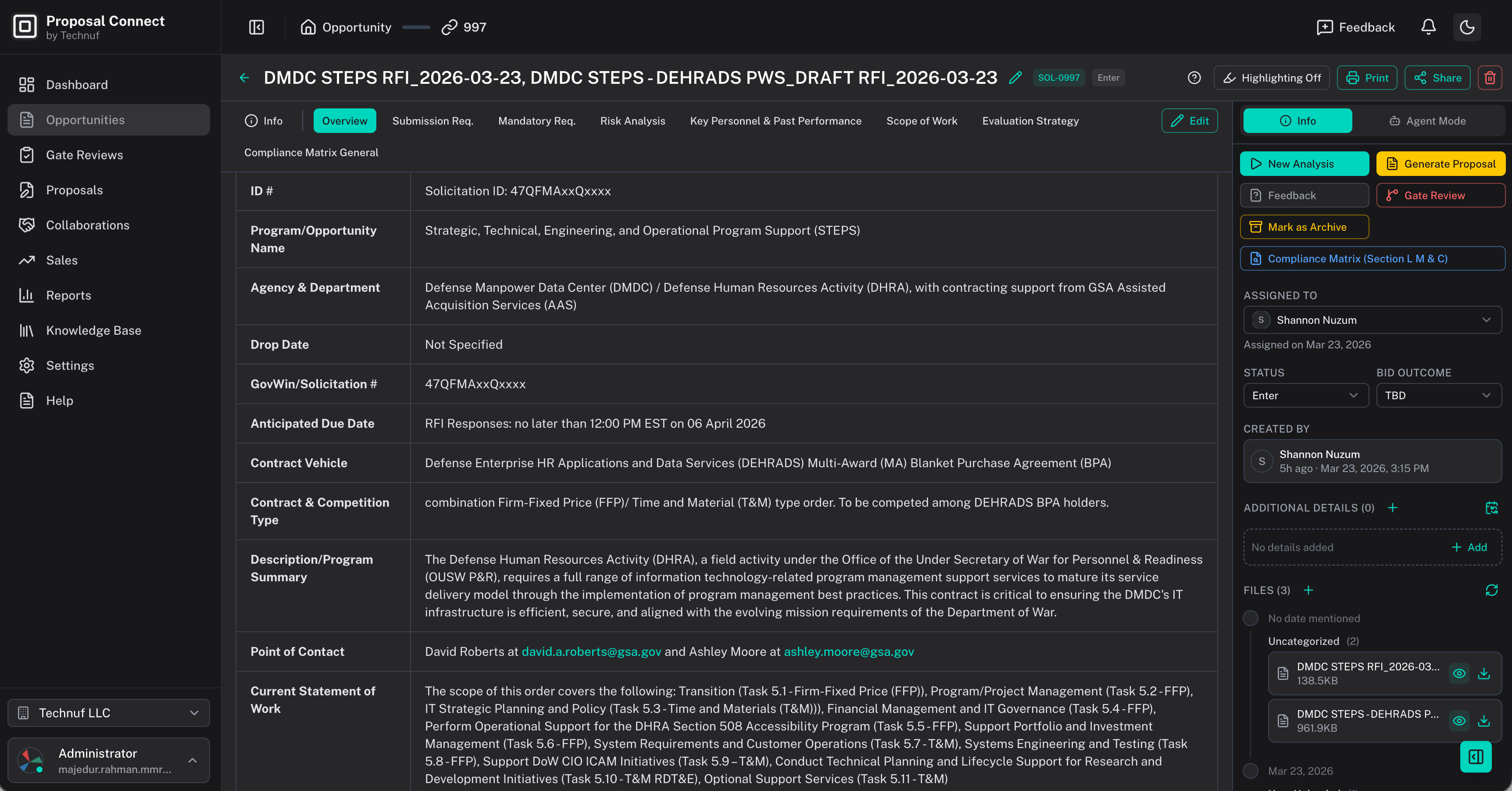Analysis of the proposal submitted to Proposal Connect by Technuf.